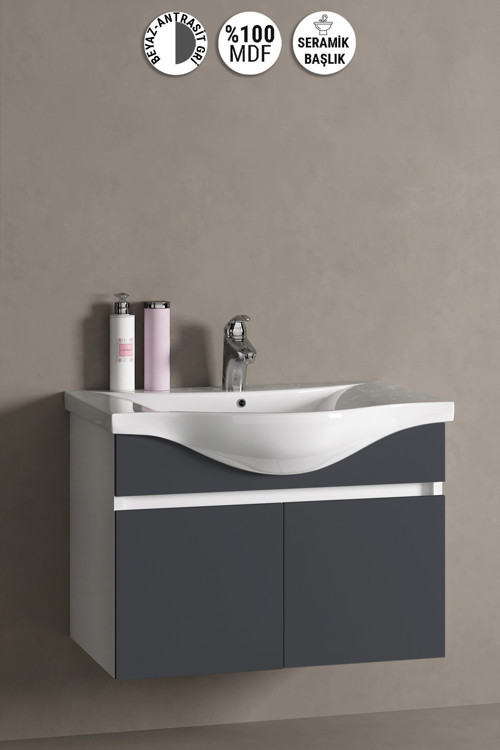 Yıldız 80 cm Beyaz-Antrasit Gri Mat MDF Seramik Lavabolu Asma Banyo Alt Dolabı