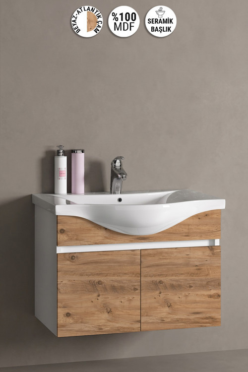 Yıldız 80 cm Beyaz-Atlantik Çam MDF Seramik Lavabolu Asma Banyo Alt Dolabı