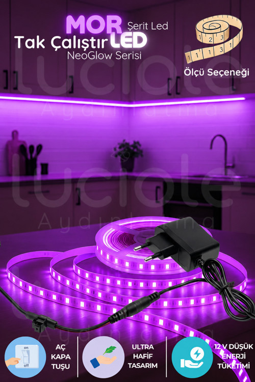 3 Metre NeoGlow LED Işık Şeridi – 12V Tak Çalıştır Fişli 60 Çipli Mor Aydınlatma Bandı Seti