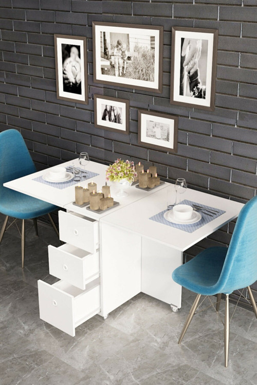 Df01107B Pratik, Katlanır, Açılır Kapanır, Beyaz 3 Raflı 3 Çekmeceli Mutfak, Yemek, Çalışma Masası
