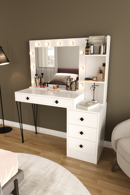 Df02121 Led Işıklı Aynalı Makyaj Masası Raflı Çekmeceli Beyaz Hollywood Model Makyaj Organizer