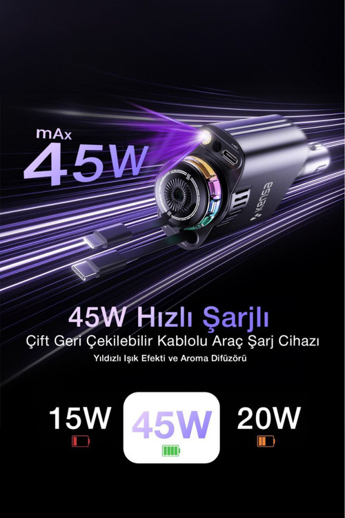 45W Işıklı Ve Kokulu Araç Şarj Cihazı | Hızlı Şarj | Usb-C & İos Uyumlu | Atmosfer Işığı