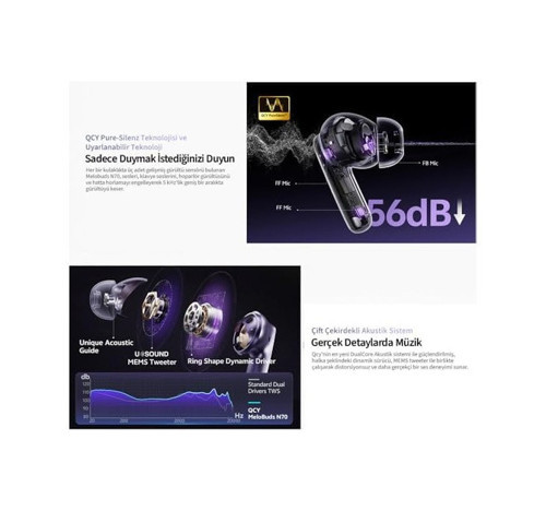 Qcy Melobuds N70, Bluetooth 5.2, Kulak İçi Kulaklık, Siyah, Hi-res Audio, Ldac, 50db Hibrit Anc, 50 Saat Pil Ömrü, Kablosuz Şarj