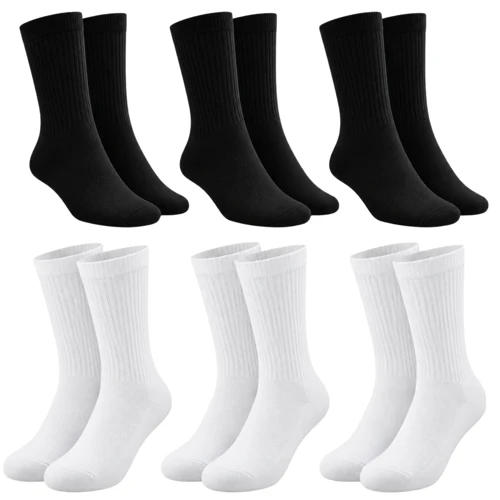 Unisex Basic Siyah Beyaz Soket Çorap 6'lı Set Kadın Erkek Spor Günlük Uzun Ribanalı Rahat Çorap Set