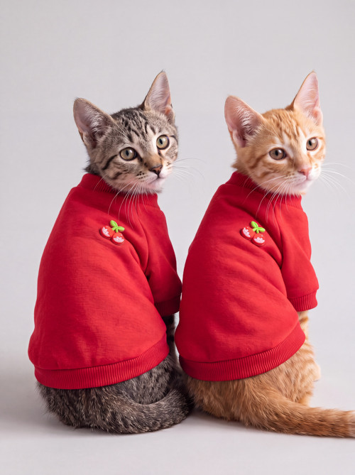 Sevimli Çilek Detaylı Kırmızı Kedi Polar Sweatshirt