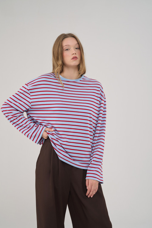 Mist Çizgili Basic Açık Mavi T-Shirt