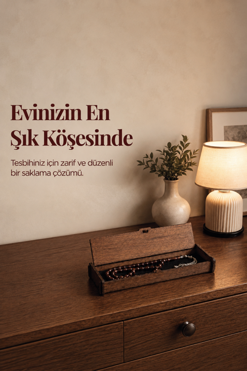 Ahşap Tesbih ve Bileklik Kutusu Ceviz 22x6 cm Keçe İç Yüzeyli Kalem, Bileklik ve Aksesuar Saklama Kutusu