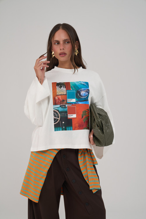 Tiffany Oversize Beyaz Uzun Kollu T-Shirt