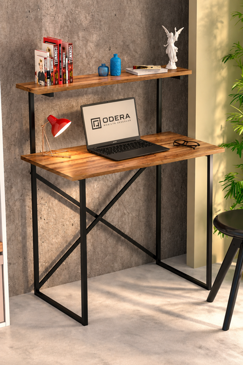 Raflı Ceviz Çalışma Masası – Siyah Metal Ayaklı 90x45 cm Ofis ve Bilgisayar Masası
