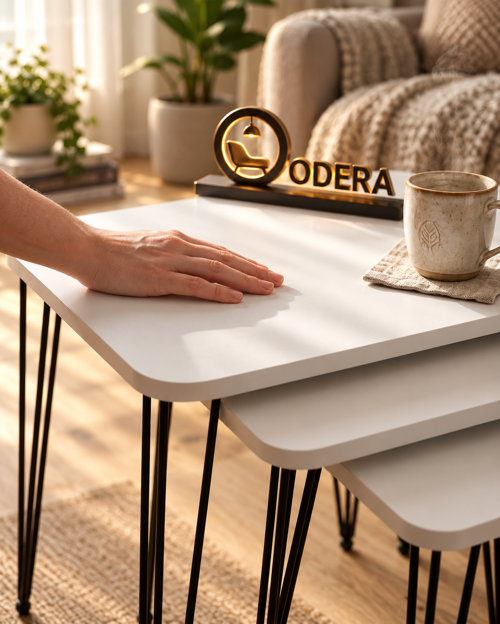Beyaz Tel Zigon Sehpa 3'lü Set Metal Ayaklı Modern Retro Salon Sehpası