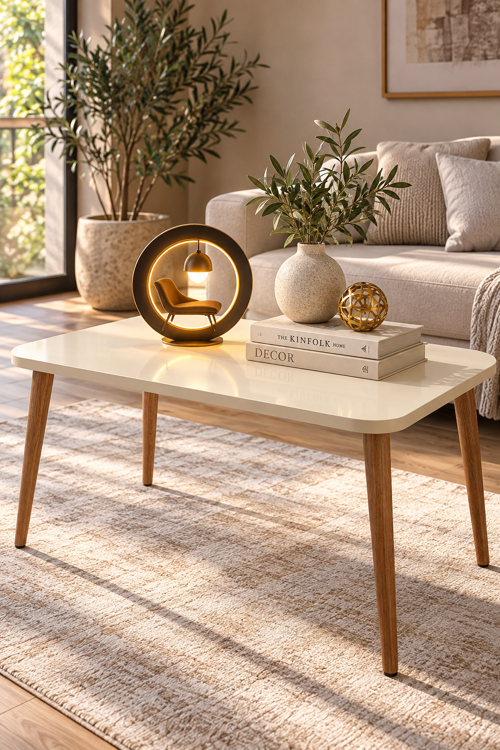 Mermer Desenli Orta Sehpa ve Zigon Sehpa 4'lü Set Ahşap Torna Ayaklı Modern Salon Sehpası