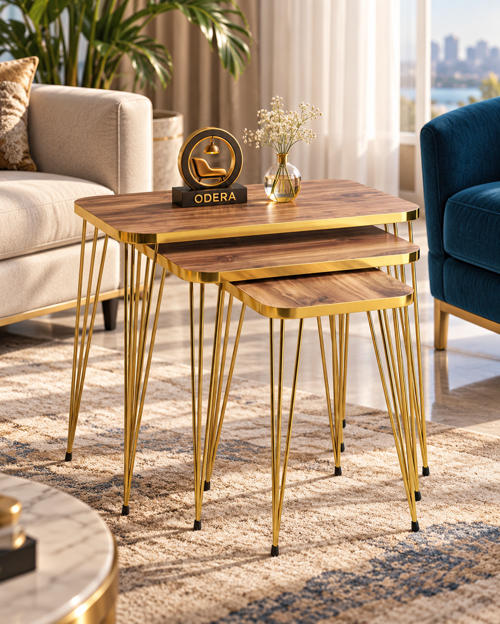 Ceviz Zigon Sehpa 3'lü Set Metal Tel Ayaklı Modern Retro Salon Sehpası