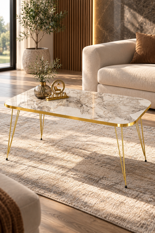 Efes Beyaz Mermer Desenli Orta Sehpa ve Zigon Sehpa 4'lü Set Metal Tel Ayaklı Modern Retro Salon Sehpası