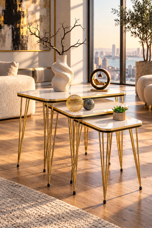 Beyaz Siyah- Detaylı Zigon Sehpa 3'lü Set Metal Ayaklı Modern Retro Salon Sehpası