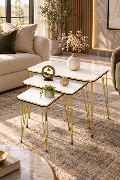 Çift Beyaz Orta Sehpa ve Zigon Sehpa 4'lü Set Metal Tel Ayaklı Modern Retro Salon Sehpası