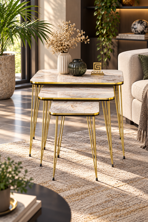 Efes Ekru Mermer Desenli Zigon Sehpa 3'lü Set Siyah- Detaylı Metal Ayaklı Modern Salon Sehpası