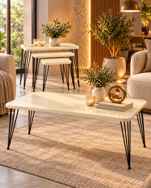Siyah Ayaklı Orta Sehpa ve Zigon Sehpa 4'lü Set Metal Tel Ayaklı Modern Salon Sehpası