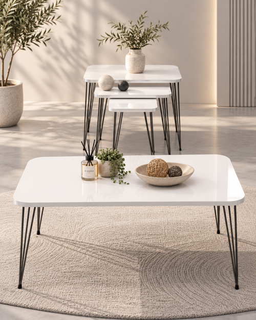 Beyaz Siyah Ayaklı Orta Sehpa ve Zigon Sehpa 4'lü Set Metal Tel Ayaklı Modern Salon Sehpası