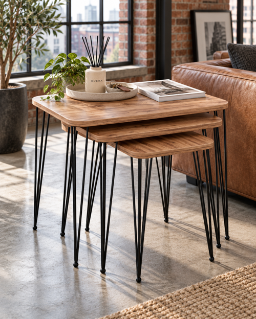 Ceviz Tel Zigon Sehpa 3'lü Set Metal Ayaklı Modern Retro Salon Sehpası