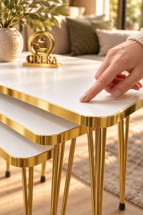 Beyaz Tel Zigon Sehpa 3'lü Set Metal Ayaklı Modern Retro Salon Sehpası
