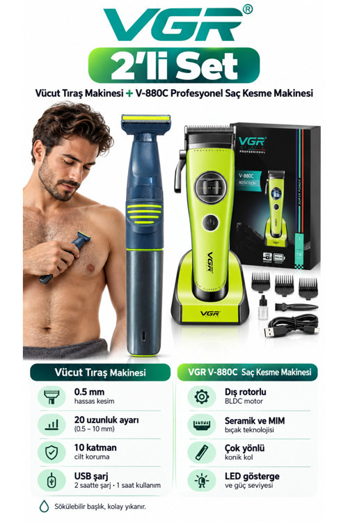 Vücut Tıraş Makinesi 0.5mm & V-880C Saç Kesme Makinesi - Hassas 2'li Bakım Seti