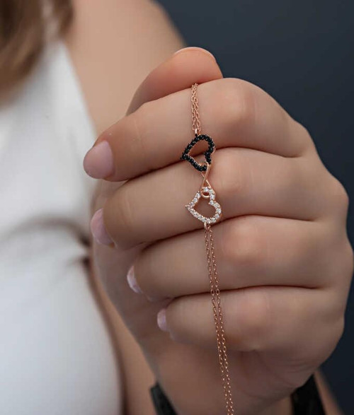 925 Ayar Gümüş Rose Kalpli Sonsuzluk Kadın Bileklik