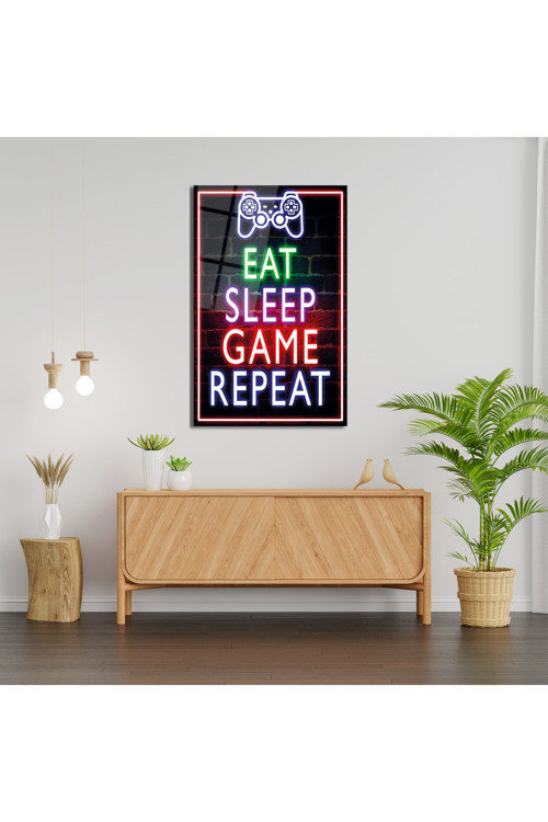 Eat Sleep Game Repeat Neon Görünümlü Cam Tablo | Modern Dekorasyon Temalı Dekoratif Duvar Tablosu, Salon, ev ve ofis dekoru,