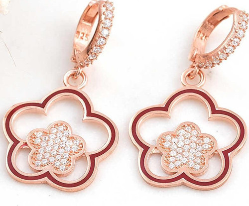 925 Ayar Gümüş Rose Sallantılı Çiçek Desenli Kadın Küpe