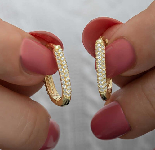 Gümüş Gold Çift Sıra Beyaz Taşlı J Kadın Küpe