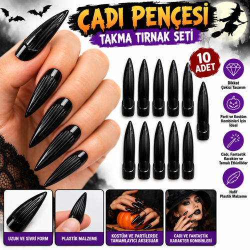 Siyah Plastik Cadı Takma Tırnak 10’lu Set