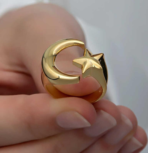 925 Ayar Gümüş Gold Ay Yıldız Kadın Yüzük