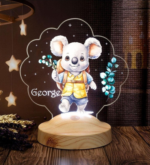 Sevimli Koala Tasarımlı İsimli Çocuk Odası Gece Lambası, Koala Bebek Doğum Günü Hediyesi Led Lamba