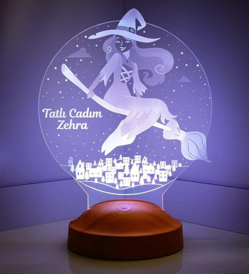 Cadılar Bayramı Temalı Kişiye Özel Tatlı Cadı Gecelambası, 3D Led Lamba, Halloween Dekoratif Lamba