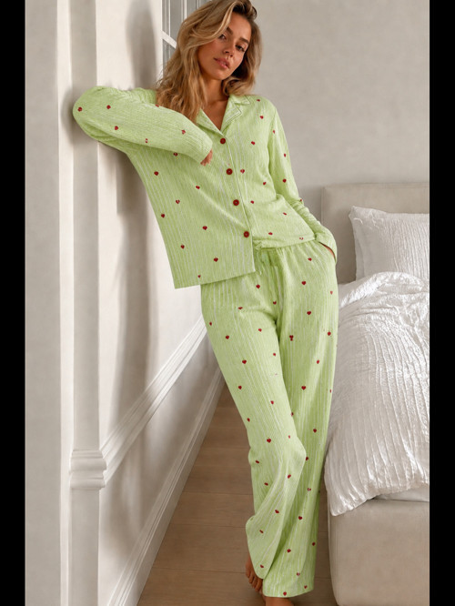 Night Yeşil Kadın Puantiyeli Uzun Kollu Düğmeli Pijama Takımı