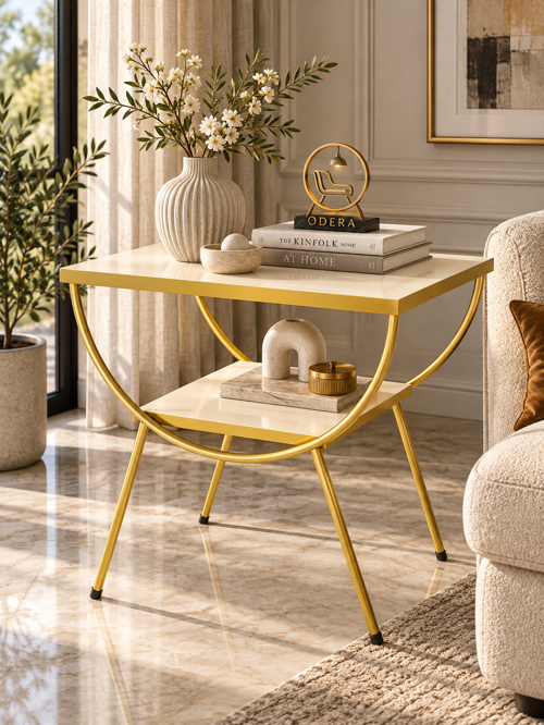 Çift Çift Raflı Yan Sehpa Komodin Metal Ayaklı Retro Modern Salon ve Yatak Odası Sehpası