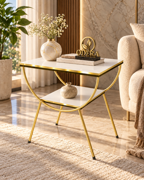 Çift Beyaz Çift Raflı Yan Sehpa Komodin Metal Ayaklı Retro Modern Sehpa