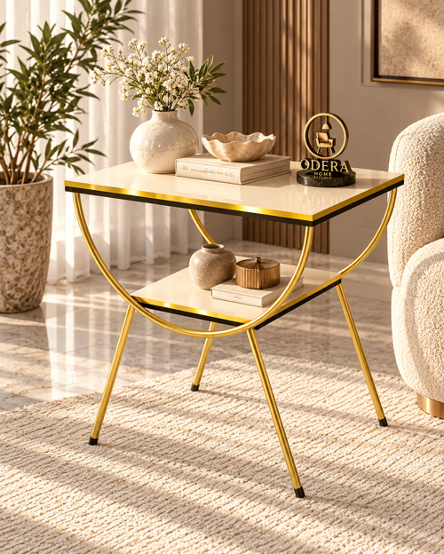 Çift Çift Raflı Yan Sehpa Komodin Metal Ayaklı Retro Modern Sehpa