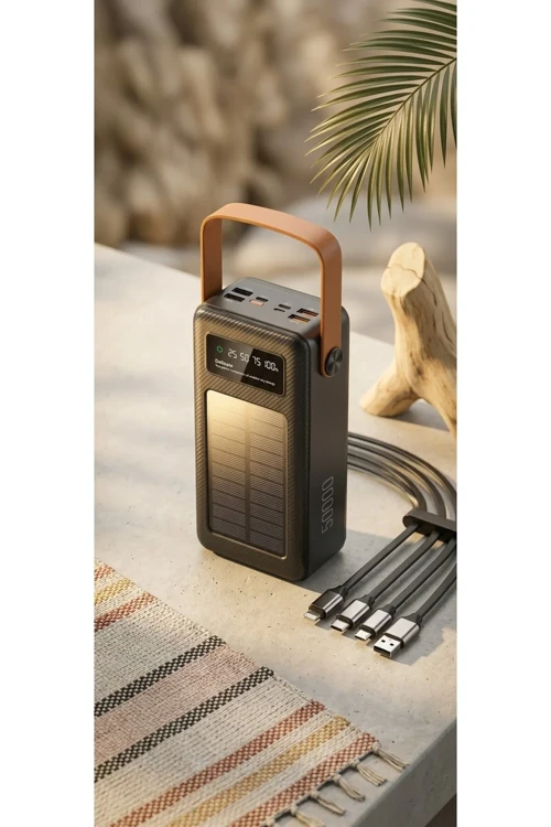 Aura Akse 50000 mAh Güneş Enerjili, El Fenerli, 4 Dahili Kablolu Outdoor Powerbank - Taşınabilir Hızlı Şarj Cihazı