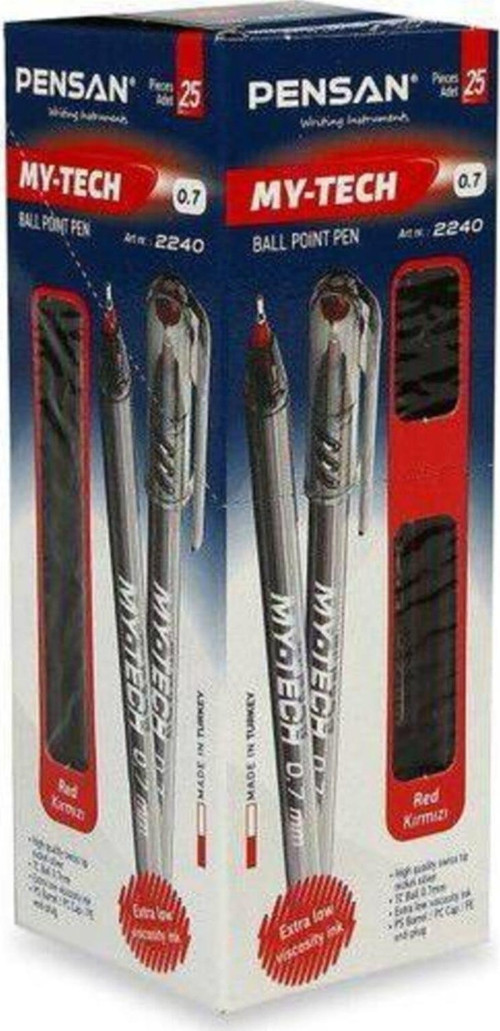 Tükenmez Kalem My-Tech 1.0 MM İğne Uç Kırmızı 25'Li Paket
