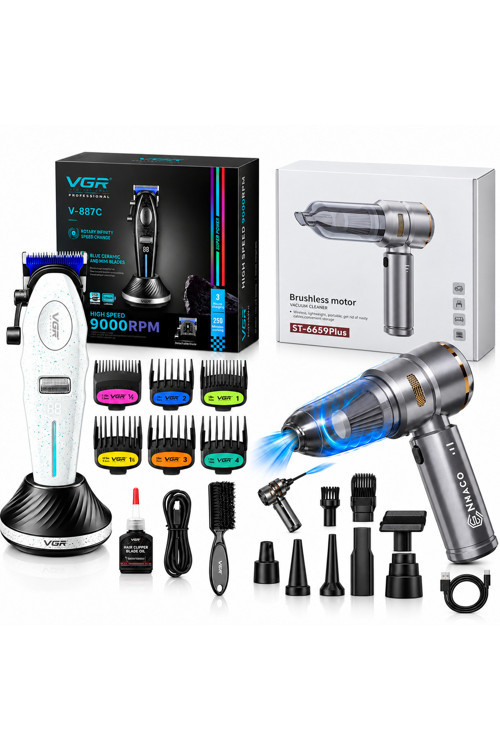 Tıraş Makinesi Seti | V-887C + ST-6659Plus - 9000 RPM Clipper + Kablosuz Araç Süpürgesi