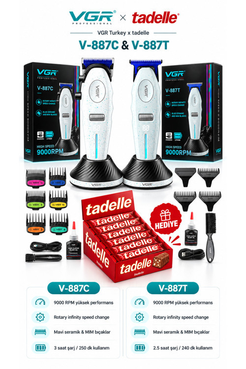 Profesyonel Saç Sakal Tıraş Makinesi 2'li Set | V-887C & V-887T & Tadelle Hediye 20'li
