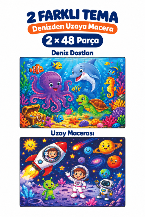 2'li 48 Parça Denizaltı ve Uzay Temalı Puzzle Seti Çocuk Eğitici Yapboz Oyunu Seti 27,5x19,5 Cm