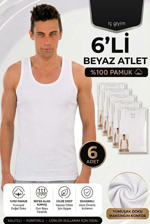 Erkek %100 Pamuk 6'lı Paket Ribana Kesik Atlet