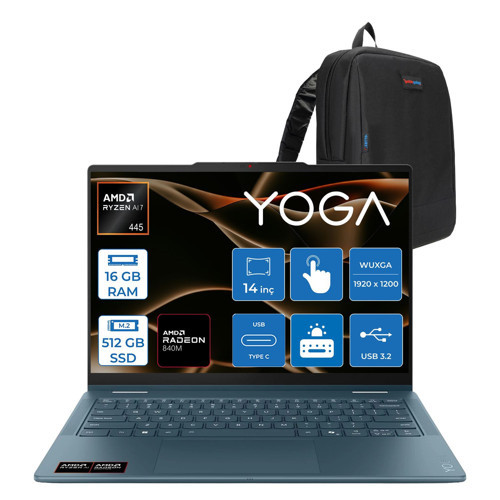 Yoga 7 2-In-1 14AGP11 Amd Ryzen Aı 7 445 16GB LPDDR5X 512GB SSD Amd Radeon 840M 14" Wuxga OLED Dokunmatik Freedos Taşınabilir Bilgisayar 883TD008PTRF02 + Zettaçanta