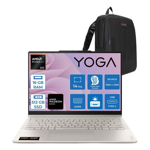Yoga 7 2-In-1 14AGP11 Amd Ryzen Aı 7 445 16GB LPDDR5X 512GB SSD Amd Radeon 840M 14" Wuxga OLED Dokunmatik Freedos Taşınabilir Bilgisayar 883TD008QTRF02 + Zettaçanta