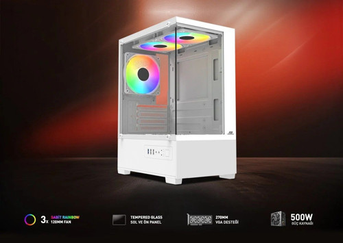 PB-M5001W 500w 3*12cm Rainbow Fanlı USB 3.0 Seaview M-ATX Gaming Beyaz Kasa