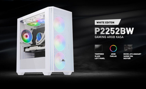 PB-P2252BW USB 3.0, ATX Mesh, Ring ARGB Fan, Beyaz Kasa