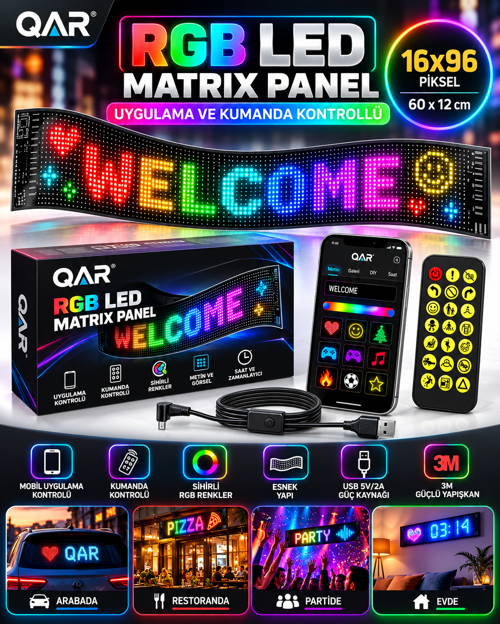 LED Matrix Panel Bluetooth Telefon Kontrollü Programlanabilir Yazı Resim Animasyon Gösteren RGB LED Ekran Panosu