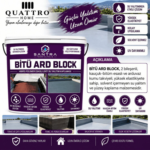 Bitü Ard Block Çift Bileşenli Kauçuk Bitüm Esaslı Su Yalıtım Kaplaması 20 KG– UV Dayanımlı, Elastik, Solventsiz Likit Membran