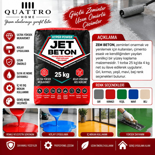 Jet Beton Hyper Power 25 KG Yeşil Polimer Esaslı Kendiliğinden Yayılan Zemin Onarım ve Kaplama Harcı – Yüksek Mukavemetli Renkli Zemin Kaplaması